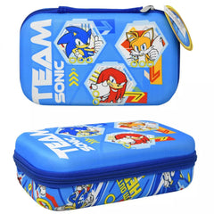 Licensed kids' hard pencil case with protective shell and zip closure featuring popular sonic hedgehog design