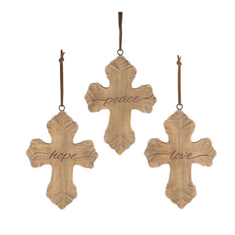 burton+Burton | "Hope; Love; Peace" Religious Wood Cross Hanging Ornament