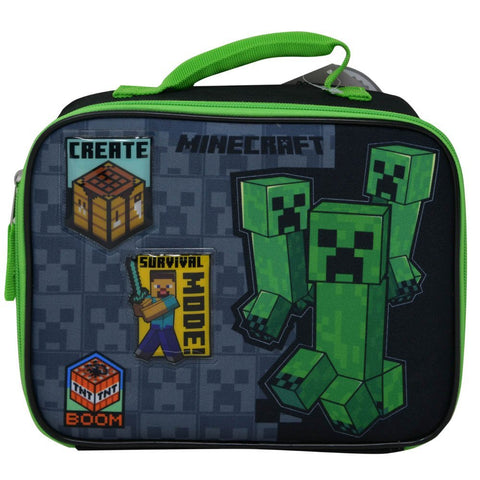 Minecraft rectangular insulated lunch bag with Creeper design and zippered top